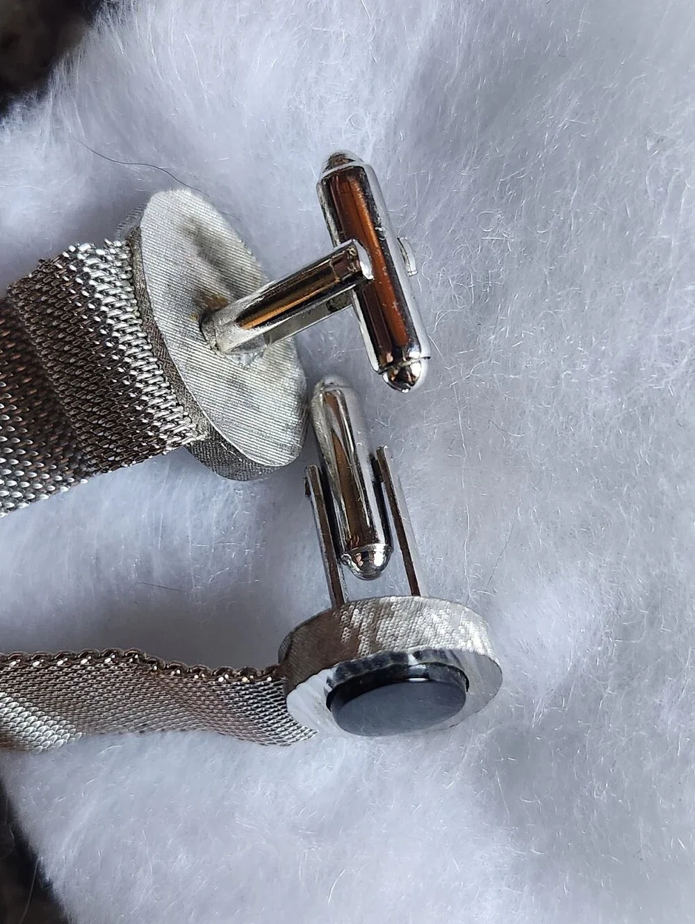 Vtg DANTE Silver Tone Mesh Cufflinks with Black Oval Inlay